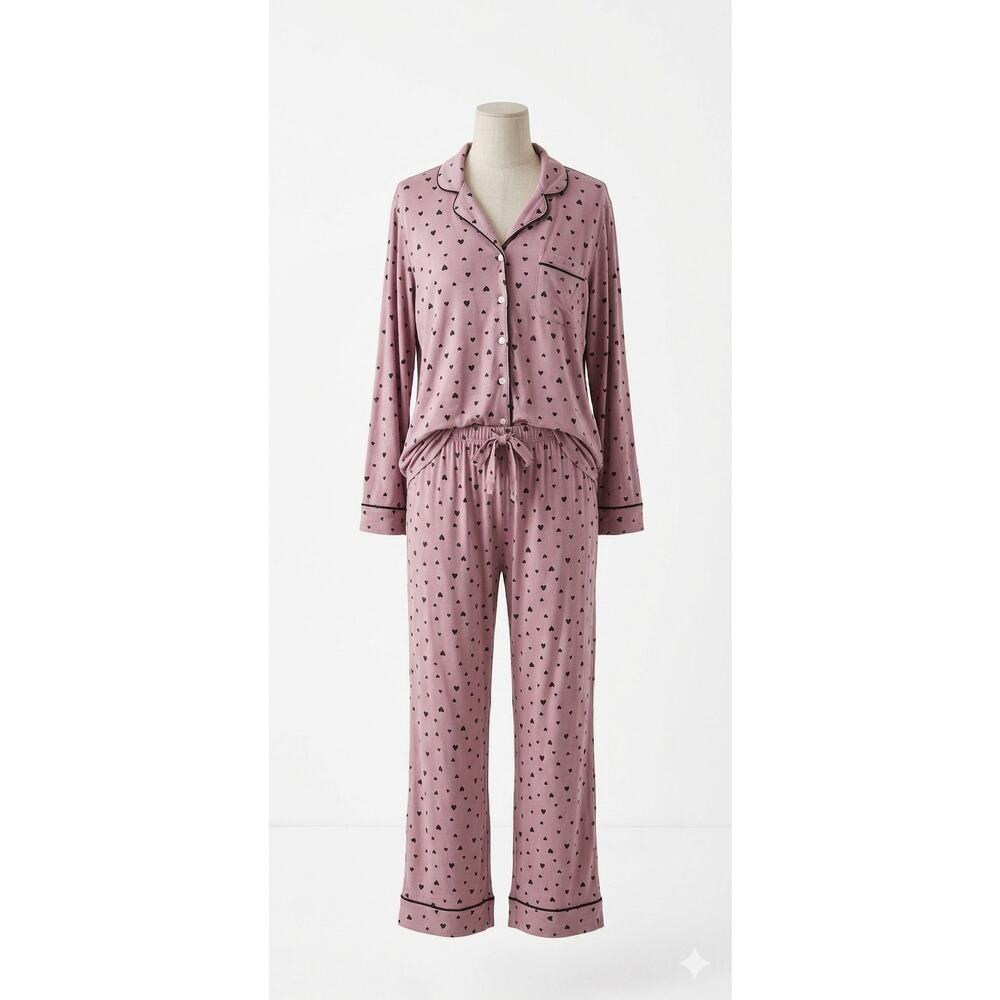 Victoria's Secret Pink Heart PJ Set XL Long Sleeve Button Shirt Pants Pajamas